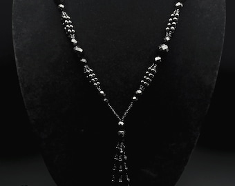 Antique 1890-1910s Victorian French Jet Black Glass Faceted Beaded Tassel Y-Necklace
