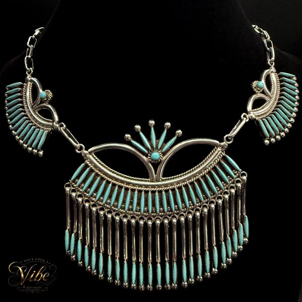 VTG 1970s Bryant Waatsa Jr Zuni Sleeping Beauty Turquoise Sterling Silver Needlepoint Bib Necklace