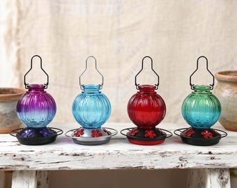 Glass Hummingbird Feeder - Hanging Outdoor Bird Feeder with Flower Ports Outdoor Garden Decor Glass Hummingbird Feeder with Perch