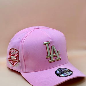 LAFBYBOOG LA Trucker Hat Lavender Pink Embroidered Snapback Cap Los Angeles Dodgers Lavender Pink 9FORTY A-Frame Snapback  main image 3