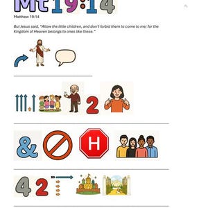 May include: A religious educational worksheet page titled Mt 19:14 featuring the text Matthew 19:14 and the verse But Jesus said, Allow the little children, and don't forbid them to come to me; for the Kingdom of Heaven belongs to ones like these.