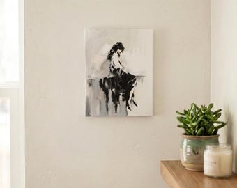 Impasto Abstract Woman Painting, Textured Black White Acrylic Canvas, Moody Contemporary Decor