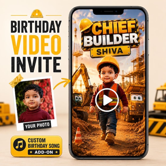 Construction Birthday Video Invitation | Personalized Builder Birthday Movie Invite | Excavator Video Evite | Digital MP4 Invitation
