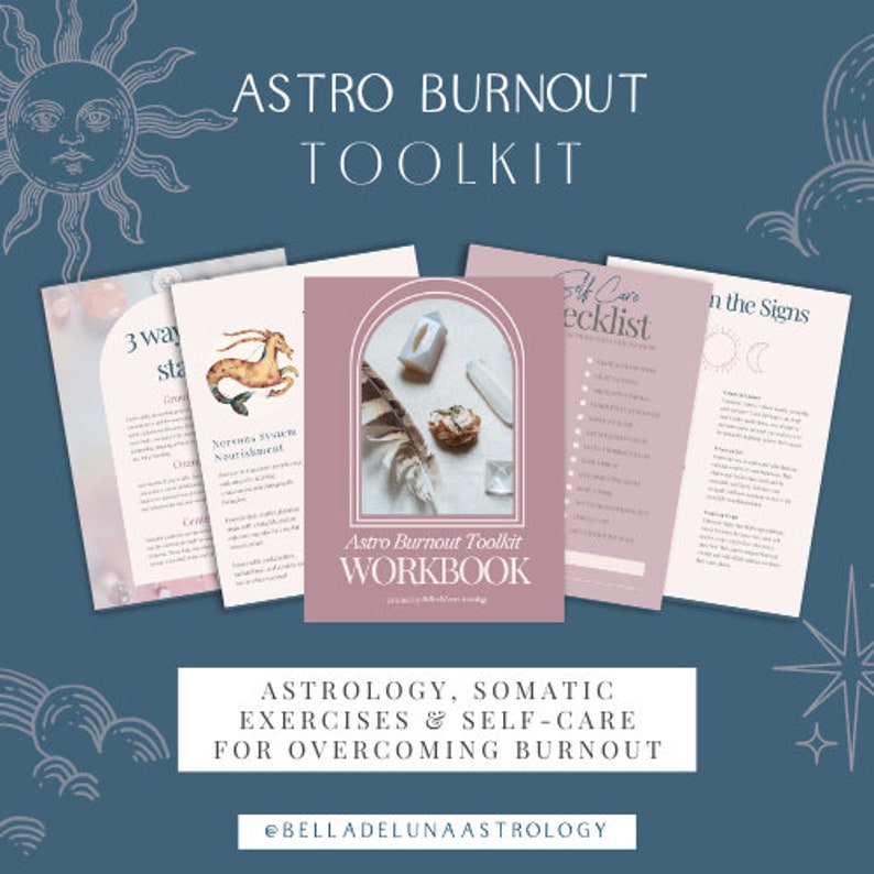 Puede incluir: Un conjunto de materiales impresos titulados "Astro Burnout Toolkit" con el texto "Workbook" en la portada. La imagen incluye p&aacute;ginas con texto e ilustraciones, con las palabras "Astrolog&iacute;a, ejercicios som&aacute;ticos y autocuidado para superar el agotamiento".