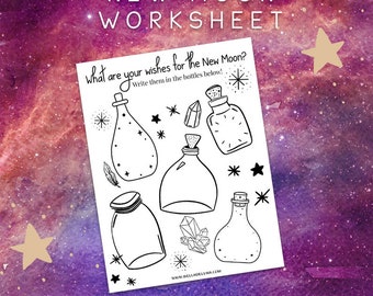 Hoja de trabajo de Luna Nueva - Página para colorear - Libro Grimorio de las Sombras - Impresión - Luna en Cuarto Creciente