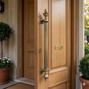 May include: A wooden door with a large, ornate brass handle and a small brass name plate. The door is open, revealing a glimpse of the exterior. The name plate reads "Name plate".