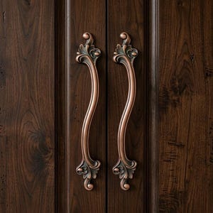 May include: Close-up of a dark brown wooden door with two copper-colored, ornate handles. The handles have a curved design with decorative floral accents at the top and bottom. The door's wood grain is visible.