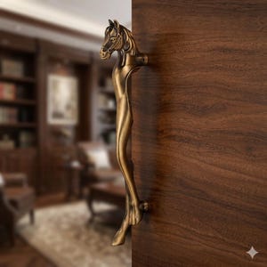 May include: Bronze-colored door handle with a horse head design. The handle is attached to a dark brown wooden door. The horse head is detailed with a bridle and reins. The handle's body has a curved, elegant shape.