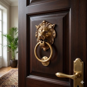 Puede incluir: Una puerta de madera marrón oscuro con un llamador de latón en forma de cabeza de león con un anillo circular y una manija de palanca de latón a juego. La cabeza de león tiene una melena detallada y está montada en el panel de la puerta.