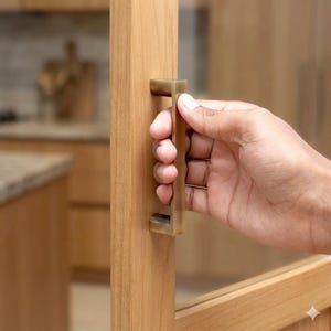 May include: A hand holding a rectangular brass door pull on a light wood door. The door is part of a cabinet or furniture. The background is blurred, suggesting a kitchen or similar interior space.