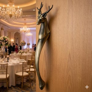 Può includere: Una maniglia per porta color bronzo a forma di cervo. La maniglia è montata su una porta di legno e presenta una testa di cervo con corna ricurve. La maniglia si curva verso il basso, terminando con una forma arrotondata. Misura circa 30 cm.