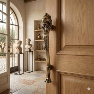 May include: A bronze-colored door handle with a lion's head design. The handle is attached to a light-colored wooden door. The lion's head is at the top, and the handle extends downward with decorative details.