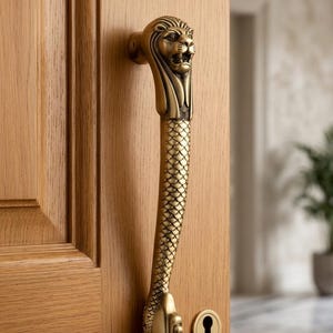 May include: Ornate brass door handle featuring a lion's head and a scaled design. The handle is mounted on a wooden door, with a keyhole visible. The handle's design is detailed and adds a touch of elegance.
