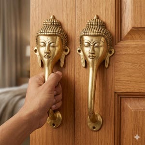 Puede incluir: Dos tiradores de puerta de latón, cada uno con forma de cabeza de Buda serena. Están montados en una puerta de madera. Una mano sostiene un tirador. Los tiradores tienen una superficie detallada y texturizada.