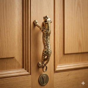 Può includere: Una maniglia per porta in ottone a forma di leopardo con un motivo a pois è montata su una porta di legno marrone chiaro. La maniglia ha la forma di un leopardo che si arrampica sulla porta. La porta ha una serratura in ottone.