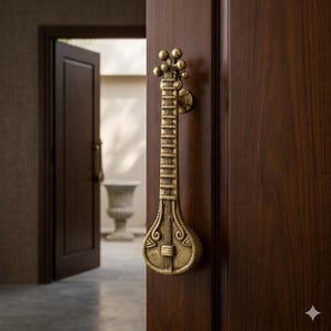 May include: A brass door handle shaped like a stringed instrument, fixed to a dark wood door. The handle features detailed patterns and a decorative design. The door is ajar, offering a view of an exterior area.