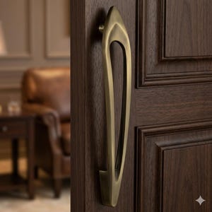 May include: A brass-toned door pull with a curved, open design is mounted on a dark brown wooden door. The pull has a sleek, modern aesthetic. The door is part of a paneled wall, with a blurred background showing a leather armchair.