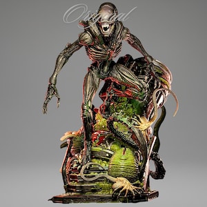 May include: A detailed statue of an Alien creature, standing atop a bio-mechanical base. The figure is metallic green and silver, with a menacing open-mouthed expression. The base features an egg and other organic elements.