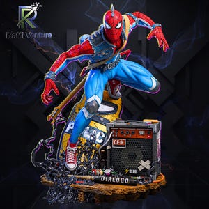 May include: A dynamic figurine of Spider-Man in a rock-and-roll pose. The figure is clad in a denim vest, blue pants, and red sneakers, holding a guitar. A speaker and the word "DIALOGO" are at the base. The figure is approximately 12 inches tall.