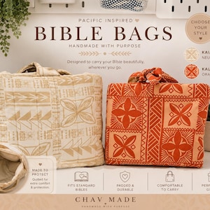 May include: Two Bible bags with Pacific-inspired patterns. One is beige with a geometric design, the other is orange with a floral pattern. The bags are handmade and designed to carry Bibles. The text on the bags says "Bible Bags" and "Handmade with Purpose".