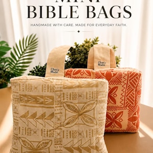 May include: Two mini Bible bags with patterned designs. One bag is beige with a geometric pattern, and the other is orange with a floral design. The bags have beige handles and the text "MINI BIBLE BAGS" is at the top.
