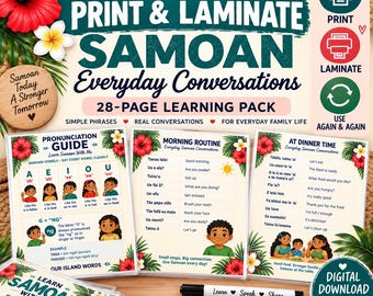 Printed & Laminated Samoan Conversation Pack | 28 Ready to Use Learning Pages | Everyday Samoan for Families and Beginners