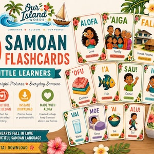 Peut inclure: Un ensemble de 30 cartes mémo samoanes pour enfants avec des illustrations colorées et du texte en samoan et en anglais. Les cartes affichent des mots comme Alofa, Aiga et Fale, décorées de fleurs d'hibiscus et de feuilles tropicales.