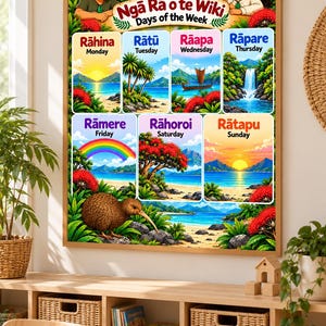 Può includere: Un poster educativo incorniciato intitolato Ngā Rā o te Wiki Days of the Week, con bambini in stile cartoon, un uccello kiwi e sette pannelli illustrati che raffigurano scene quotidiane con etichette in māori e inglese per ogni giorno.