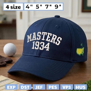 May include: A navy blue baseball cap with the text "MASTERS 1934" embroidered in white. The cap features a green and yellow logo on the side and is displayed with a golf ball and glove. The image also shows the sizes 10.16cm, 12.7cm, 17.78cm, and 22.86cm.