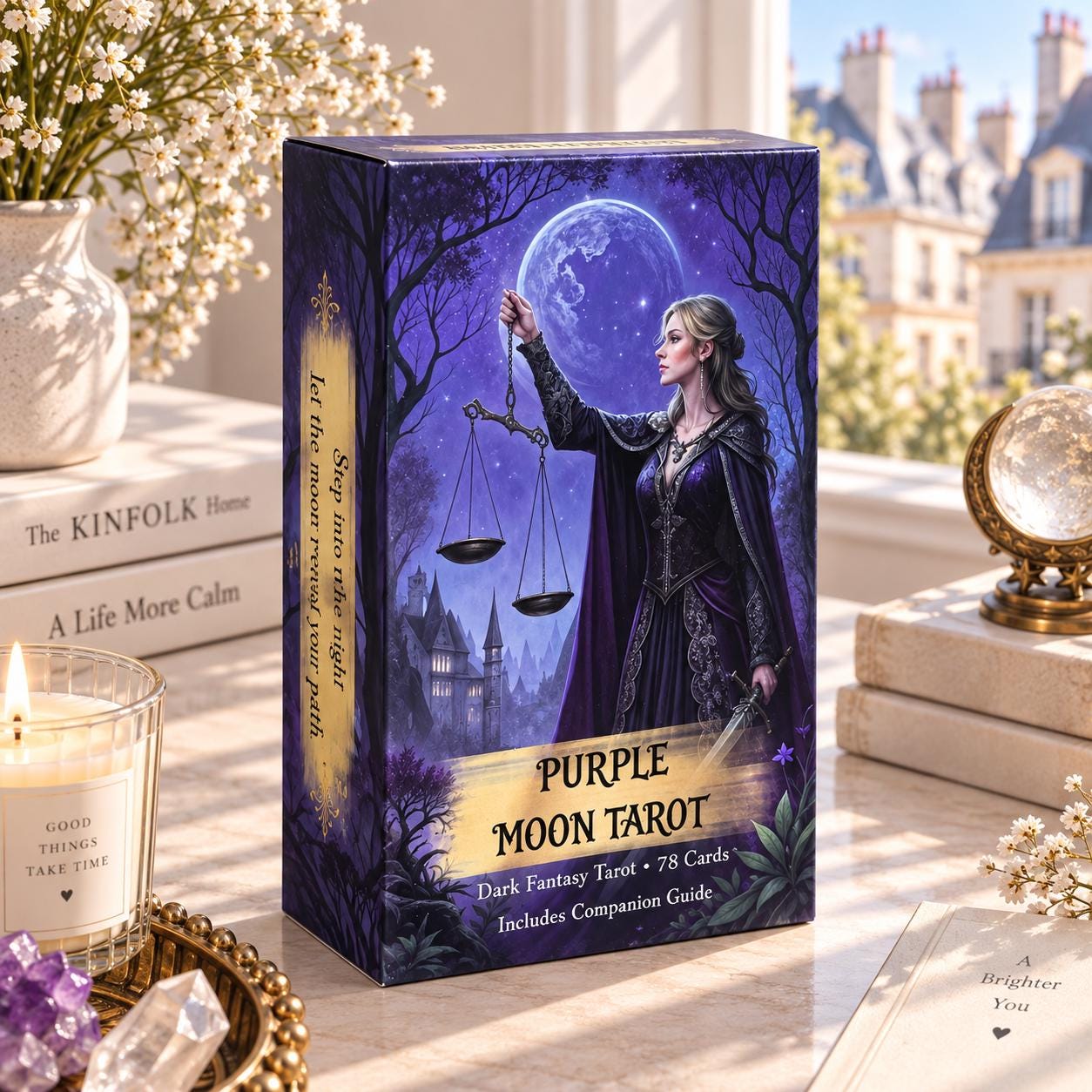 Purple Moon Tarot Cards, 78 Card Dark Fantasy Tarot Deck, Moon Divination Cards, Gothic Witchy Deck, Mystical Spiritual Gift