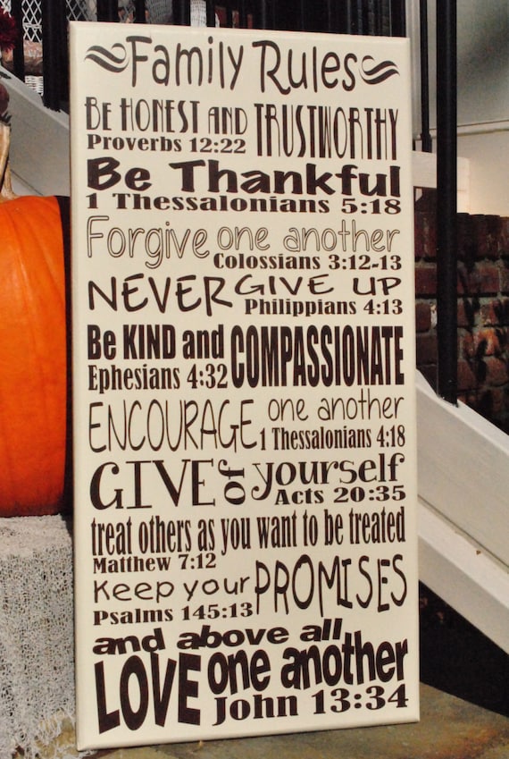 Items similar to Family Rules with bible verses 12"x24" on Etsy