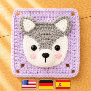 Wolf Granny Square Crochet Pattern | Woodland Animal Appliqué Block (PDF Download)