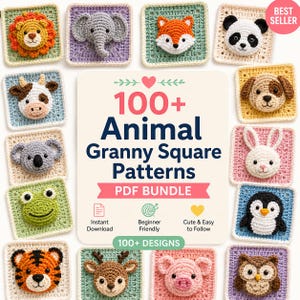 May include: A selection of crochet animal granny squares in various colours, such as a lion, elephant, fox, panda, cow, koala, frog, dog, rabbit, penguin, tiger, deer, pig, and owl. The image includes text: "100+ Animal Granny Square Patterns PDF Bundle."