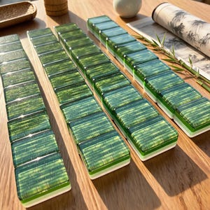 May include: A set of rectangular mahjong tiles arranged in four vertical rows. Each tile features a translucent green top surface with a detailed bamboo stalk pattern and a solid white base. The tiles are smooth and glossy, reflecting light.