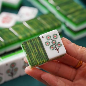 May include: A rectangular mahjong tile featuring a green bamboo stalk pattern on one side and a white surface with a floral design and the number 6 on the other. The tile is made of a smooth, glossy material with a distinct two-tone color scheme.