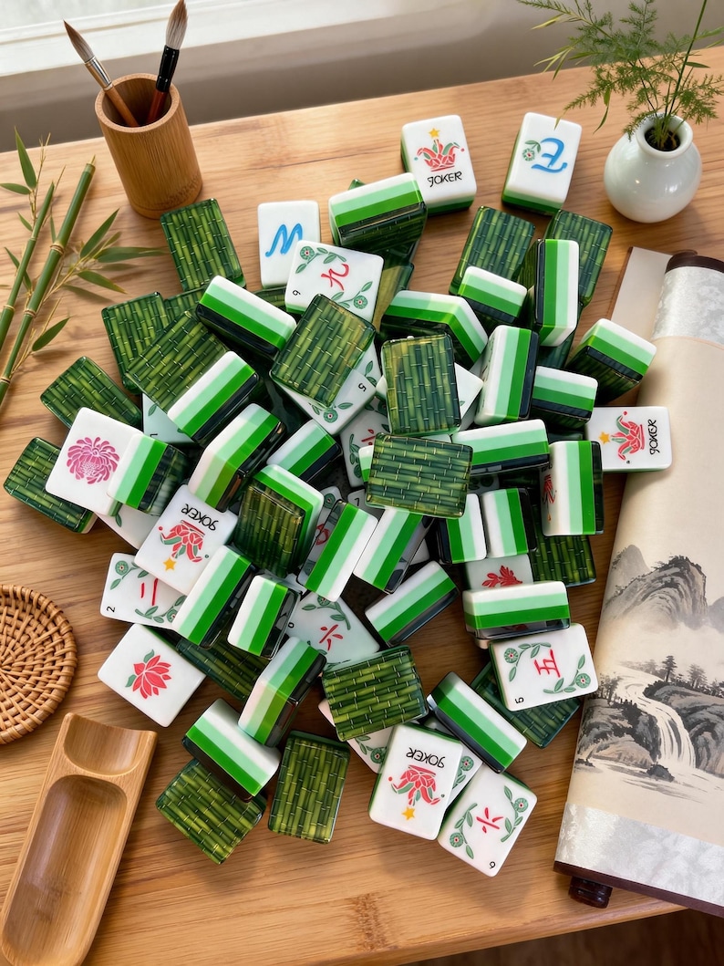 Green Bamboo Pattern American Mahjong Set, 160 Tiles Collector Game image 11