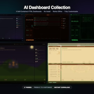 May include: AI Dashboard Collection graphic with five self-contained HTML dashboards. Each dashboard has a unique theme, including Glass, Cyberpunk, Terminal, Medieval, and Cozy Town. The image includes the text "Instant Download."