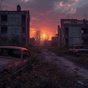 May include: A desolate street scene featuring abandoned, multi-story concrete buildings and rusted vintage vehicles overgrown with vegetation under a vibrant orange and purple sunset sky with dark, dramatic clouds.