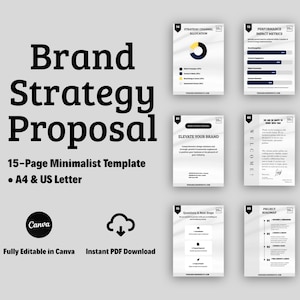 Peut inclure: Un modèle de proposition de stratégie de marque de 15 pages aux formats A4 et US Letter. Le document présente du texte noir sur des pages blanches, incluant des sections pour l'allocation des canaux, les indicateurs de performance et la feuille de route.
