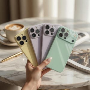 Op de afbeelding: Een hand die vier kleurrijke telefoonhoesjes vasthoudt in pastelkleuren van geel, lavendel en mintgroen. De hoesjes hebben een glanzende afwerking en een camera-uitsparing. Een kopje koffie en een pen staan op de achtergrond.