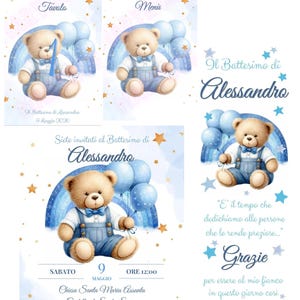 May include: A set of baptism stationery for Alessandro featuring a teddy bear in blue overalls with balloons and stars. Includes a table card, menu, invitation, and thank you note with text in Italian, dated May 9, 2026, at Chiesa Santa Maria Assunta.