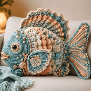 May include: A large, handmade crochet fish cushion in shades of blue, peach, and cream. The cushion features detailed scales, fins, and a tail, with a large eye and open mouth. The decorative cushion is designed to resemble a fish.