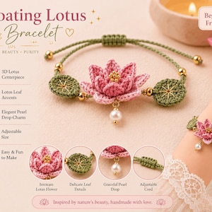 Può includere: Un braccialetto all'uncinetto con un fiore di loto rosa come elemento centrale, due accenti a forma di foglia di loto verde e un ciondolo a perla bianca. Il bracciale è realizzato con un cordino verde regolabile e piccole perline dorate.