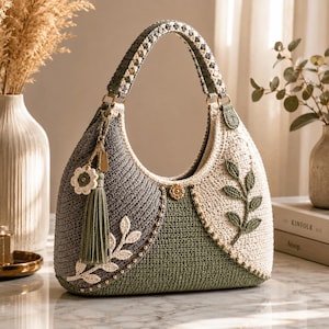 Puede incluir: Un bolso de mano estilo hobo confeccionado en hilo de ganchillo en tonos gris carbón, verde salvia y crema. El bolso cuenta con un asa única, una borla decorativa con un dije de flor y motivos de hojas bordados acentuados con pequeñas cuentas doradas.