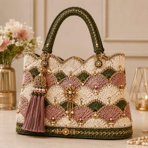 Könnte beinhalten: Eine gehäkelte Handtasche mit einem Muschelmuster in Creme, Altrosa und Dunkelgrün. Die Tasche ist mit kleinen weißen Perlen, einer floralen Brosche aus goldfarbenem Metall und einer langen altrosa Quaste an einer goldfarbenen Metallkappe verziert.