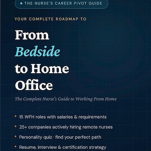 May include: A dark blue digital guide titled The Nurse's Career Pivot Guide: Your Complete Roadmap to From Bedside to Home Office. It lists 15 WFH roles with salaries, 25+ companies hiring remote nurses, a personality quiz, and career strategies.
