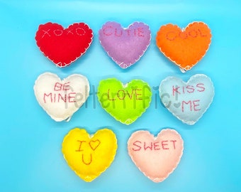 Set of 8 Felt Conversation Heart Embroidered Ornaments