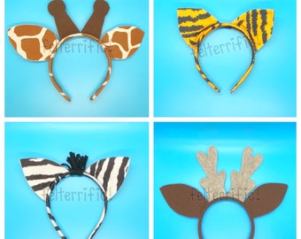 Felt Animal Ear Headbands - Cheetah - Fox - Giraffe -  Monkey - Shark - Rooster