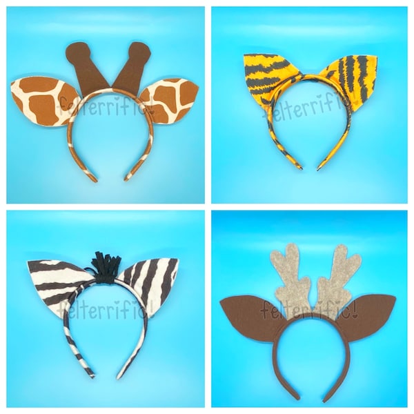 Felt Animal Ear Headbands - Cheetah - Fox - Giraffe -  Monkey - Shark - Rooster