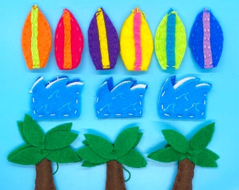 Handmade Felt Surf Waves Palm Tree Mini Ornaments